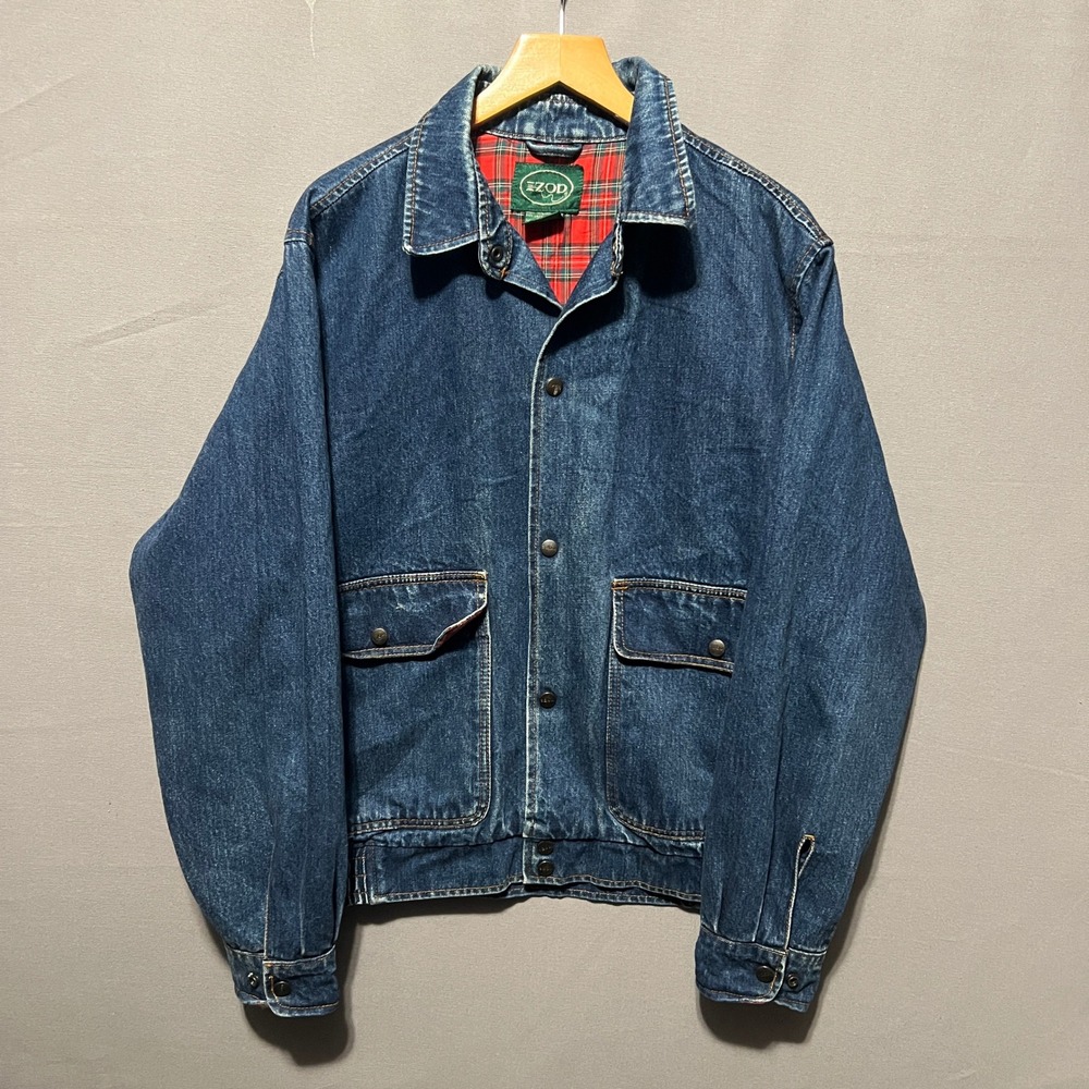 Izod Vintage Mens Denim Bomber Jacket Blue Plaid Lined Snap Front Size M 24x28